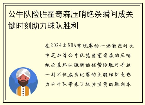 公牛队险胜霍奇森压哨绝杀瞬间成关键时刻助力球队胜利