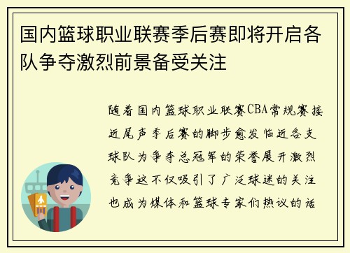 国内篮球职业联赛季后赛即将开启各队争夺激烈前景备受关注
