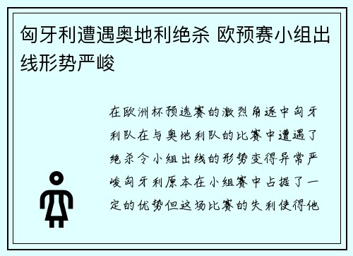 匈牙利遭遇奥地利绝杀 欧预赛小组出线形势严峻