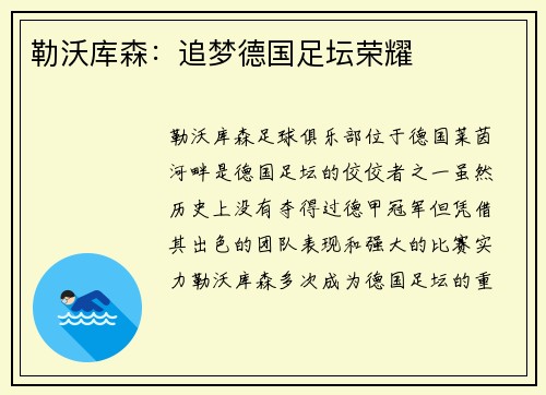 勒沃库森：追梦德国足坛荣耀