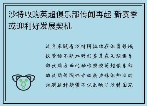 沙特收购英超俱乐部传闻再起 新赛季或迎利好发展契机