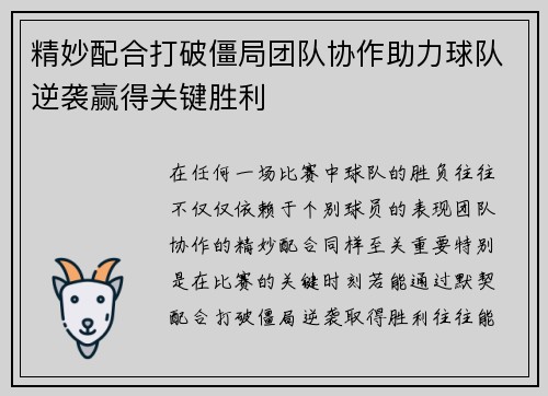 精妙配合打破僵局团队协作助力球队逆袭赢得关键胜利