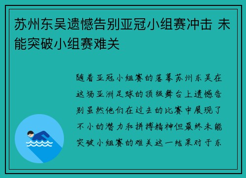 苏州东吴遗憾告别亚冠小组赛冲击 未能突破小组赛难关