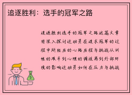 追逐胜利：选手的冠军之路