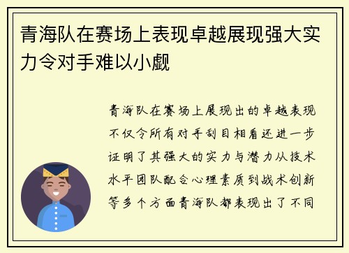 青海队在赛场上表现卓越展现强大实力令对手难以小觑