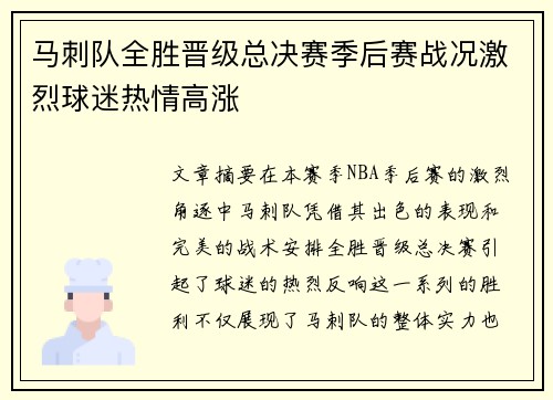 马刺队全胜晋级总决赛季后赛战况激烈球迷热情高涨