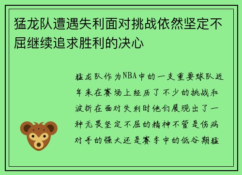 猛龙队遭遇失利面对挑战依然坚定不屈继续追求胜利的决心