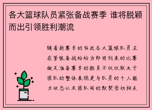 各大篮球队员紧张备战赛季 谁将脱颖而出引领胜利潮流