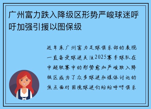 广州富力跌入降级区形势严峻球迷呼吁加强引援以图保级